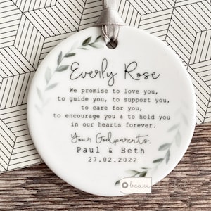 Godparent Godmother Promise to Godchild Christening Baptism Baby Boy Girl Laurel Greenery Design Ceramic or acrylic Round Ornament Keepsake