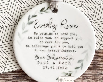 Godparent Godmother Promise to Godchild Christening Baptism Baby Boy Girl Laurel Greenery Design Ceramic or acrylic Round Ornament Keepsake