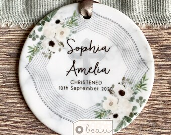 Personalised Christening Baptism Gift Keepsake Baby Boy Girl Framed White Floral Design Ceramic or Acrylic Round Ornament Keepsake