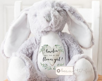Personalised Will you be our Flower girl Page boy Bridesmaid Girl Boy Gift Bunny Rabbit wedding proposal Gift Rabbit Bunny Soft Toy Keepsake
