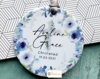 Personalised Christening Baptism Baby Boy Girl blue grey floral Greenery Design Ceramic Round Ornament Keepsake
