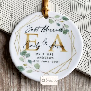 Personalised Just Married Wedding gift Mr & Mrs Wedding Eucalyptus Geometric Greenery Ceramic or Acrylic Round Decoration Ornament Keepsake