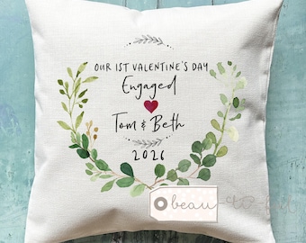 Personalised First Valentine’s Day Engaged Engagement Couple Together Mr Mrs Valentines gift couple Heart Home Quote Linen Style Cushion