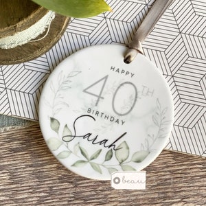 Personalised Happy Birthday Milestone any age 18 21 30 40 50 greenery Design Ceramic or Acrylic Round Decoration Ornament Keepsake