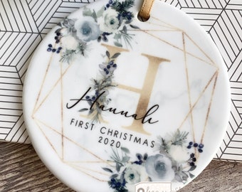 Personalised Baby Baby’s First Christmas gift Boy Girl Newborn Christmas floral Design Ceramic or Acrylic Round Ornament Keepsake