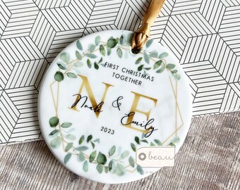 Personalised First Christmas Together Engagement Engaged Anniversary gift wreath Greenery Design Ceramic or Acrylic Round Ornament Keepsake