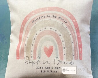 Personalise Welcome to the world New baby Rainbow Design Home Quote Boho Linen Style Cushion cover