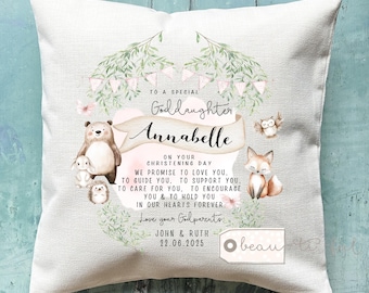 Personalised Christening Baptism Gift Promise to Godchild Godson Goddaughter woodland bear Linen Style Cushion Godparent Godmother Godfather