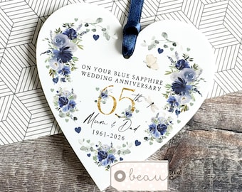 Personalised Blue Sapphire Wedding Anniversary Ornament, 65th Wedding Anniversary gift, 65 65th Anniversary, Greenery Heart Keepsake Gift