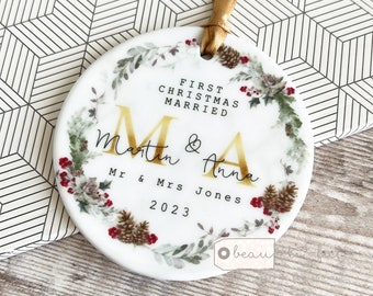 Personalised First Christmas Married Wedding gift Mr Mrs Newlywed Holly Foliage Pinecone Ceramic or Acrylic Round Ornament Keepsake