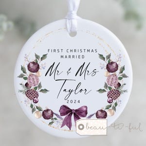 Personalised First Christmas Married Gift Wedding gift Mr Mrs Newlywed Botanical Greenery Design Ceramic or Acrylic Round Ornament Keepsake