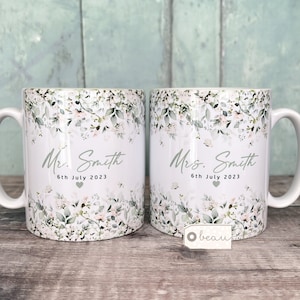 Cadeau de mariage personnalisé Mr & Mrs Bride Groom Just Married Gift Mug Couronne de verdure Coffret cadeau Mug en céramique Mug à thé Mug à café Mug cadeau