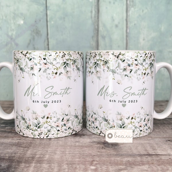 Personalisiertes Hochzeitsgeschenk, Mr. Mrs. Braut, Bräutigam, Just Married, Geschenktasse, grüner Kranz, Hochzeitsrolle, Keramiktasse – Teetasse – Kaffeetasse, Geschenktasse