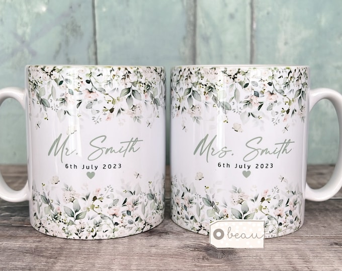 Featured listing image: Personalised Wedding gift Mr & Mrs Bride Groom Just Married Gift Mug Greenery Wreath Gift set Ceramic Mug Tea mug coffee Mug Gift mug