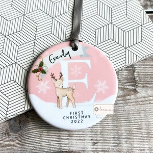 Personalised Baby Babies Baby’s First Christmas Boy Girl Newborn Deer Snowflake Design Acrylic or Ceramic Tree Ornament Keepsake Decoration