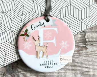 Personalised Baby Babies Baby’s First Christmas Boy Girl Newborn Deer Snowflake Design Acrylic or Ceramic Tree Ornament Keepsake Decoration
