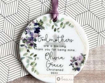 Personalised Thank you Godmother Godfather Godparents Gift Christening Baptism Quote Mauve floral Ceramic or Acrylic Round Ornament Keepsake