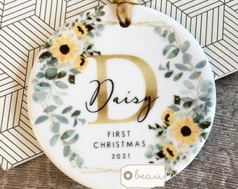 Personalised First Christmas Baby Boy Girl Sunflower floral Design Ceramic or Acrylic Round Ornament Keepsake