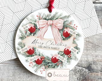 Personalised Family Christmas gift Baubles Greenery Design Acrylic or ceramic Round Ornament Keepsake Tree Bauble decoration gift Wreath
