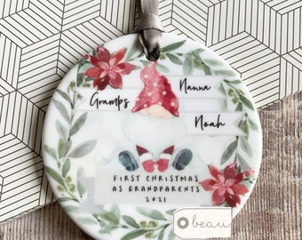 Personalised First Christmas as Grandparents Gran Grandma Nanna New Baby Santa Gnome Signpost Ceramic or Acrylic Round Ornament Keepsake