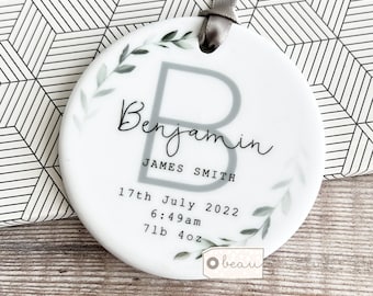 Personalised New Baby Gift Boy Girl Welcome to the world Newborn Laurel wreath Greenery Design Ceramic or Acrylic Round Ornament Keepsake