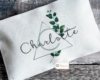 Personalised Name Modern Greenery Design Linen style Fabric Make up Bag Birthday gift for her mum sister friend