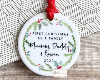 Personalised First Christmas as a family Mummy Daddy New Baby Holly Botanical Greenery Wreath Ceramic or Acrylic Round Ornament Keepsake
