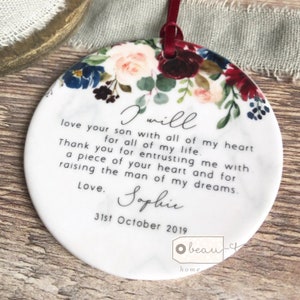 Personalised Mother of Groom Bride Thank you from Bride Groom Burgundy Navy Ceramic or Acrylic Round Decoration Ornament Wedding Keepsake