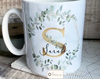 Personalised Name and initial Geometric greenery  Mug