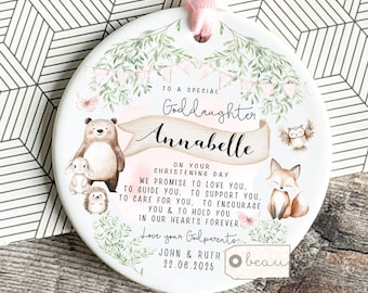 Personalised Promise to Godchild Christening Baptism Gift Baby Goddaughter woodland Bear Godparents Godmother Godfather Ornament Keepsake
