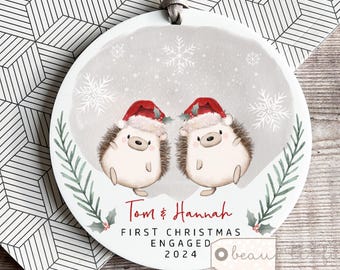 Personalised 1st First Christmas Engaged gift as Engagement Together Couple Santa Hedgehog Greenery Acrylic or ceramic Ornament Keepsake
