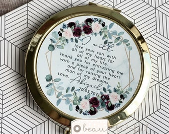 Personalised Mother of Bride Groom gift I will love your son daughter Thank you Burgundy floral Gold Compact Pocket Mirror Wedding Gift