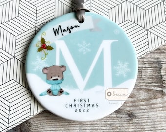 Personalised Baby Babies Baby’s First Christmas gift  Boy Girl Newborn Bear Snowflake Design Ceramic Or Acrylic Round Ornament Keepsake