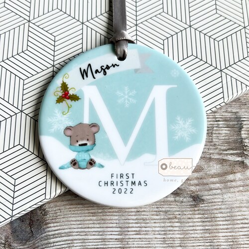 Personalised Baby Babies Baby’s First Christmas gift  Boy Girl Newborn Bear Snowflake Design Ceramic Or Acrylic Round Ornament Keepsake