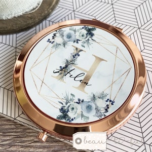 Personalised Name And initial blue white floral Round Rose Gold Silver Compact Pocket Mirror Keepsake Bridesmaid Gift