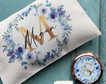 Personalised Name and initial Blue Grey Floral Design Linen style Fabric Make up Bag Birthday gift for her mum sister friend