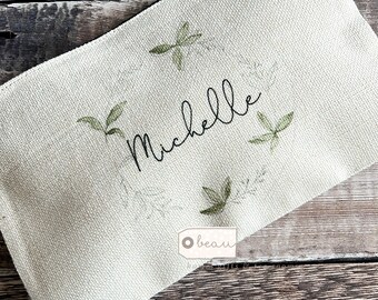 Personalised Name Greenery Wreath Design Linen style Fabric Make up Bag Birthday gift for her mum sister friend