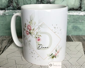 Personalised Name and initial Pink roses Greenery Wreath Ceramic Mug - Tea mug - coffee Mug - Gift mug