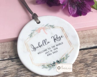 Personalised Welcome to the world New Baby Boy Girl Newborn Pink Grey Blue Design Ceramic or Acrylic Round Ornament Keepsake