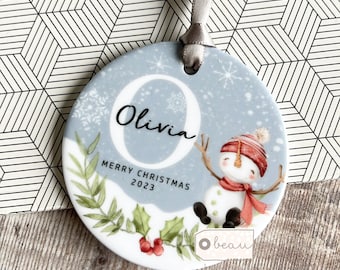 Personalised Merry Christmas Tree Snowman Christmas gift Bauble Acrylic or ceramic Round Ornament Keepsake Tree Decoration gift