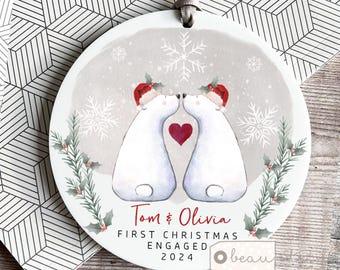 Personalised 1st First Christmas Engaged gift as Engagement Together Couple Santa polar bear Greenery Acrylic or ceramic Ornament Keepsake