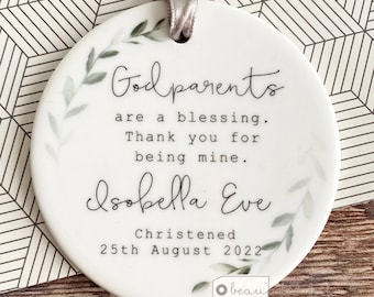 Personalised Thank you Godmother Godfather Godparents Gift Christening Baptism Quote greenery Ceramic or acrylic Round Ornament Keepsake