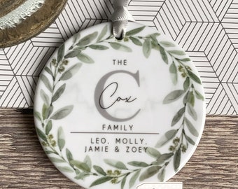 Personalised Family Name Greenery leaf Design Ceramic Round Ornament Keepsake Decoration