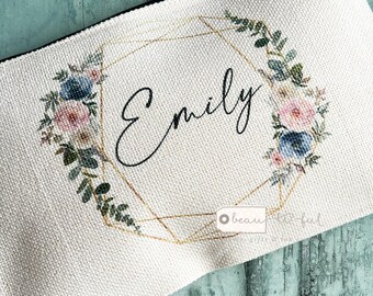 Personalised Name and initial Dusky blue pink Floral Design Linen style Fabric Make up Bag Birthday gift for her mum sister friend