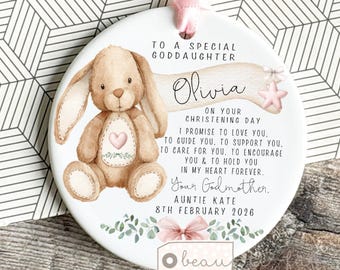 Personalised christening Baptism gift, Gift to Goddaughter, Godson, Promise to Godchild, Baby Grandson Niece Rabbit Bunny Ornament Keepsake