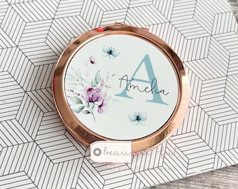 Personalised Name Wildflower floral Round Rose Gold Compact Pocket Mirror Keepsake Gift for her Mum Sister Friend Bridesmaid gift bride