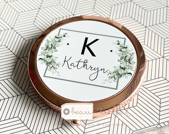 Personalised Name Modern Greenery Round Rose Gold Compact Pocket Mirror Keepsake