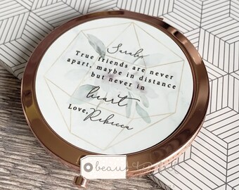 Personalised True friends are never apart.. Quote Pretty floral Round Rose Gold Compact Pocket Mirror Keepsake