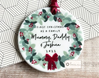 Personalised First Christmas as a family Mummy Daddy New Baby Botanical Greenery Wreath Design Ceramic or Acrylic Round Ornament Keepsake