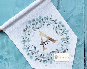 Personalised Name and initial Eucalyptus Wreath Design Home Quote Linen Style Pennant Flag Room Decor